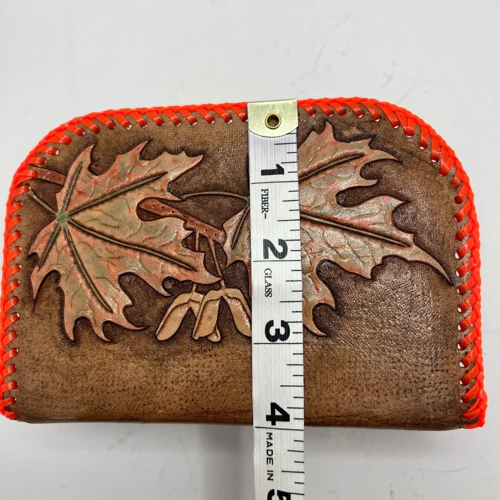 Vintage‎ Hand Tooled Leather Napkin Holder Oak Maple Leaf Neon Whipstitch Rustic